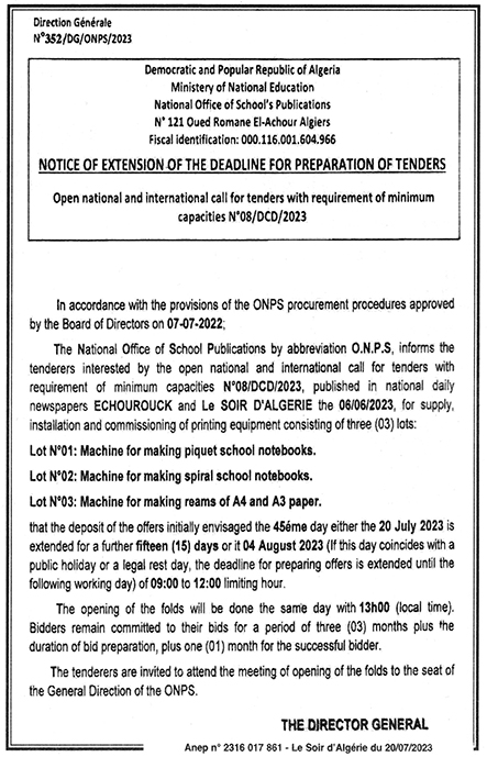 N° 08 notice of extention of the deadline EN 2 - National Office for School Publications