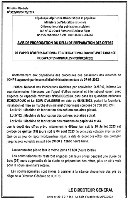 N° 08 avis de prorogation du delai FR - Office national des publications scolaires