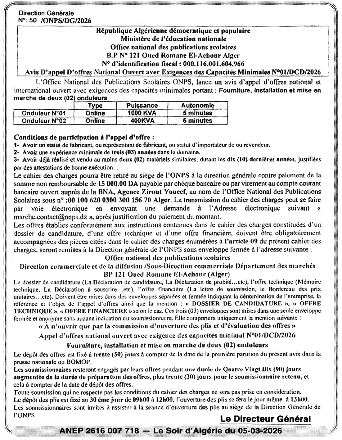 Avis N° 01 FR - Office national des publications scolaires