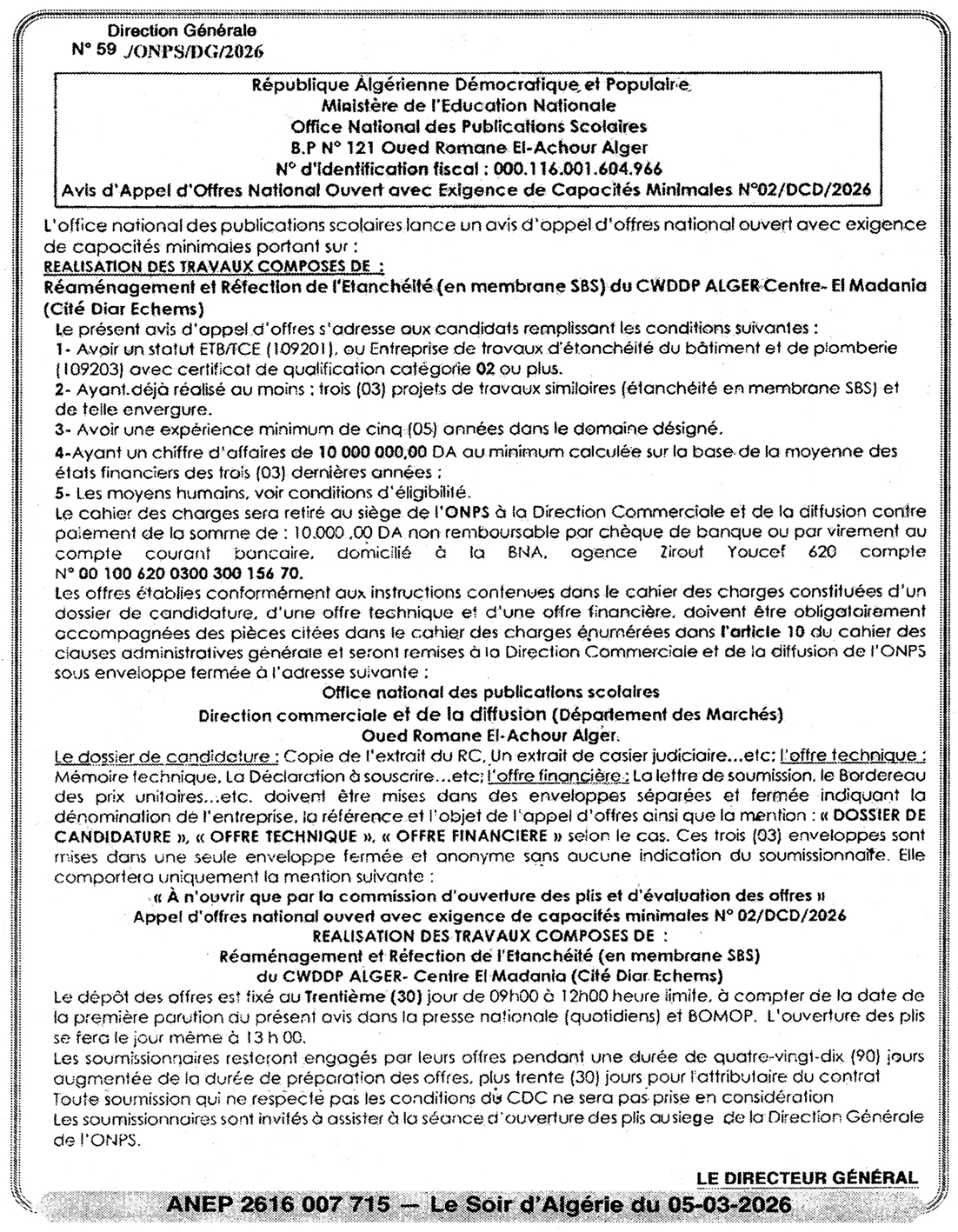 Avis N° 02 FR - Office national des publications scolaires